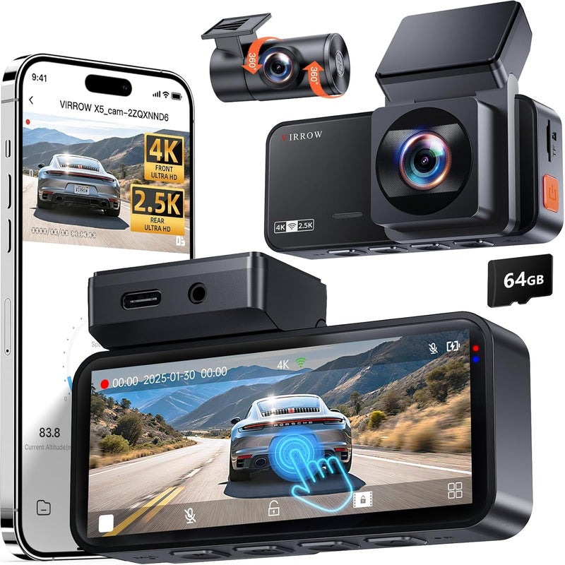 virrow Dash Cam Front and Rear: 4K+2.5K Dash Camera for Cars with Touch Screen 3.39" - Dashcam with WiFi APP Control 64GB Parking Mode Night Vision Loop Recording Emergency Lock (X5) - Image 1